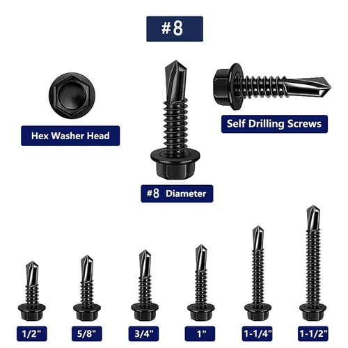 Vista 5 de 100 tornillos autoperforantes de acero inoxidable 410 #8x3/4 para placas de metal, cabeza hexagonal negra, de alta resistencia y resistente a