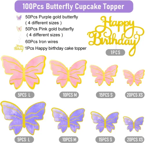 Vista 4 de 100 piezas de decoraciones de mariposa para pasteles, decoraciones para cupcakes, decoraciones para pasteles, decoraciones para pasteles, decoración