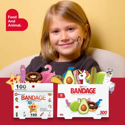 Vista 6 de BioSwiss - Venditas autoadhesivas surtidas con formas de animales, cosas divertidas y alimentos, estériles y sin látex para el cuidado de heridas
