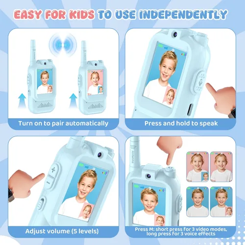 Vista 5 de Walkie Talkies de video para niños, paquete de 2 juguetes de intercomunicación de video recargables con pantalla, sonido claro, 3 modos de cambio