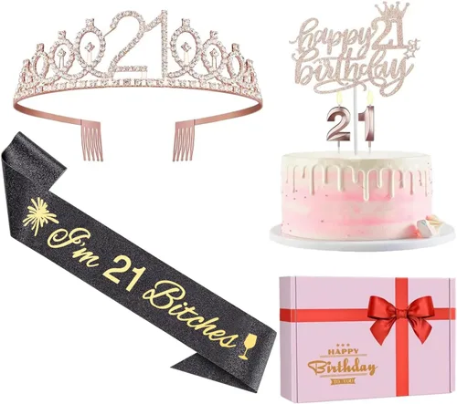 Vista 52 de Decoraciones de cumpleaños de 38 años para mujeres, incluyendo banda de cumpleaños, tiara/corona, velas numéricas y decoración de pastel, regalos