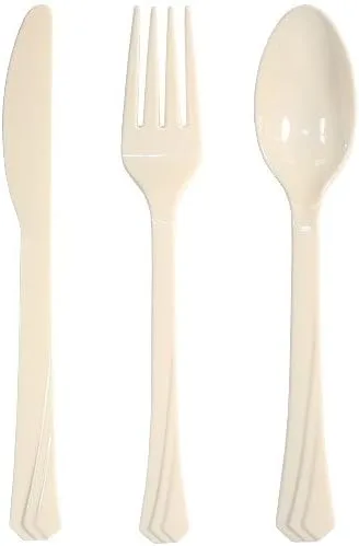 Vista 3 de Tiger Chef Cubiertos de plástico de colores pesados, 51 tenedores, 51 cucharas, 51 cuchillos, caja combinada de cubiertos desechables (153, marfil)