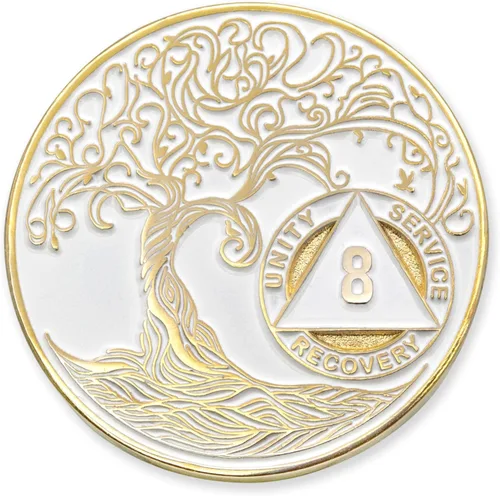 Vista 143 de 1 año Sobriety Mint Twisted Tree of Life Medallón de recuperación AA chapado en oro, chip/ficha - negro