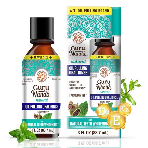 Vista 2 de GuruNanda Paquete de cuidado bucal de viaje: enjuague bucal con aceite de coco (3 oz) con 7 aceites esenciales, lápiz blanqueador de dientes
