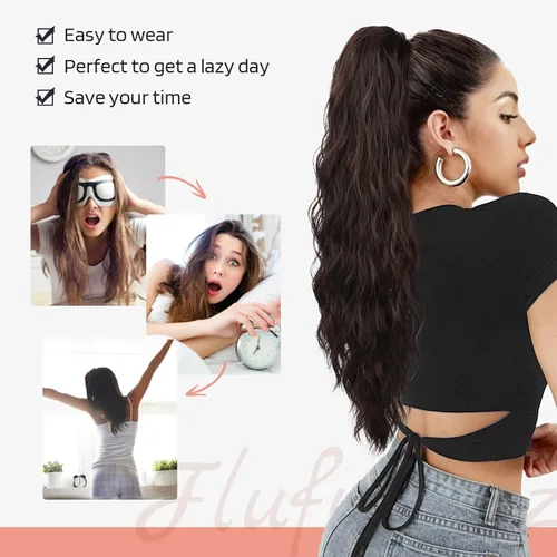 Vista 5 de FLUFYMOOZ Extensión de cola de caballo de 22 pulgadas, extensiones de cabello sintético ondulado largo y rizado para mujer
