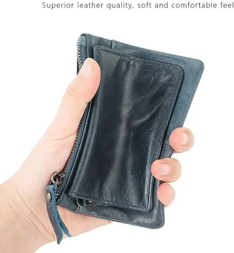 Vista 8 de 1 monedero de cuero con 2 cremalleras con ranuras para tarjetas, organizador de monedas, soporte para cambios, funda para tarjetas, bolsa