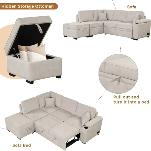 Vista 5 de DEINPPA Sofá cama, sofá cama convertible con otomana de almacenamiento, sofá cama extraíble con puertos de carga USB y portavasos, sofá de tela