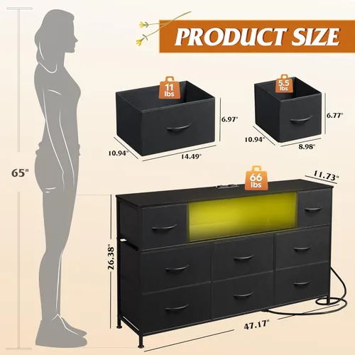 Vista 3 de WLIVE - Soporte de TV con cómoda en negro para TV de 45, 50, 55 pulgadas, centro de entretenimiento con luces LED y estación de carga, cómoda con 8
