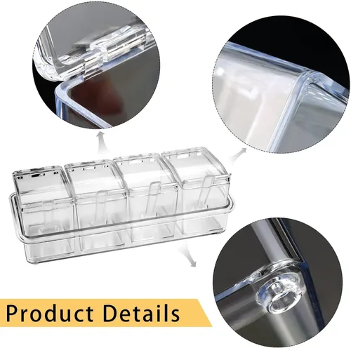 Vista 5 de Caja de condimentos transparente, 4 piezas de recipientes para especias con tapa y cuchara, recipientes de acrílico para condimentos con tapa