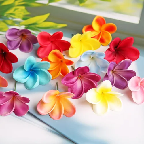 Vista 6 de 10 flores artificiales de plumeria con tallo, albaricoque Tacto real natural, decoración de pasteles de bricolaje, parte hawaiana, decoración