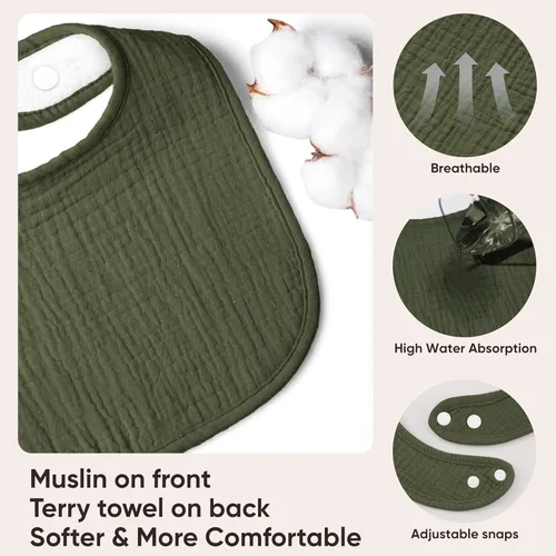 Vista 2 de Bearmoss Baberos para babeo y dentición, baberos de muselina 100% algodón para bebé niño y niña, ajustables, ultra absorbentes, paquete de 8