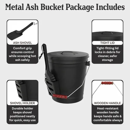 Vista 3 de Fresno cubeta con tapa y pala para chimenea – Gran estufa de leña