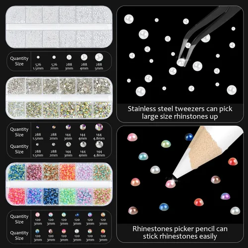 Vista 5 de B7000 - Pegamento de joyería con perlas planas y diamantes de imitación para manualidades, tamaño mixto, 2000 diamantes de imitación, 3440 cuentas