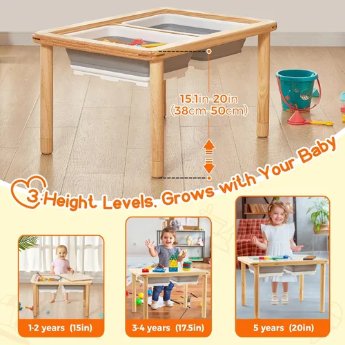 Vista 2 de FUNLIO Mesa sensorial de madera para niños pequeños de 1 a 5 años, altura ajustable con tapa de madera contrachapada antideformación, mesa de arena