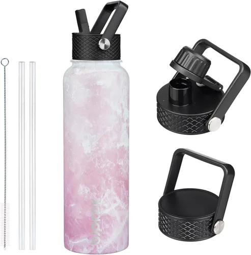Vista 112 de BJPKPK - Botellas de agua aisladas con tapa de popote, botella de agua de acero inoxidable de 27 onzas con 3 tapas, termo de metal libre de BPA a