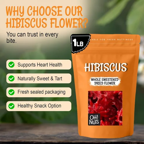 Vista 5 de Oh! Nuts Flores secas de hibisco – 1 libra – Fruta seca – Flores secas endulzadas enteras – Bocados de frutas deshidratados – Empaquetado en bolsa
