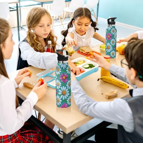 Vista 6 de Elegant Daisy Floral White Peach Leakproof and BPA Free Insulated Water Bottle with Handle Double-Wall Vacuum Insulation for Water, Milk, Juice