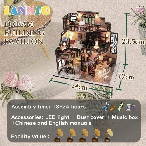 Vista 2 de Lannso Kit de Casa de Muñecas en Miniatura de Bricolaje, Kit de Casa de Muñecas con Cubierta a Prueba de Polvo y Caja de Música, Juguetes de Casa