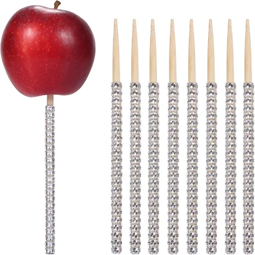 Vista 8 de Palitos de manzana de bambú con diamantes de imitación negros de 6 pulgadas para tartas pop, chocolate, caramelo, manzana, pinchos de bufé