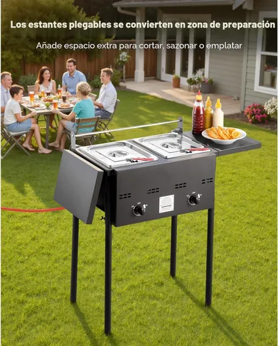 Vista 4 de VEVOR Freidora de propano para exteriores, freidora comercial de doble quemador, cocina de acero inoxidable de 16 cuartos de galón con cestas