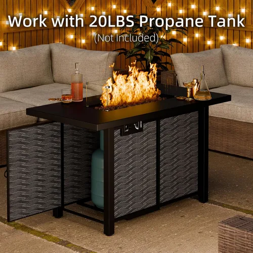 Vista 6 de Mesa para fogata de propano de 43 pulgadas con protector de viento y tapa de vidrio, chimenea de gas para exteriores de 50,000 BTU, resistente a