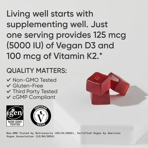 Vista 4 de Sports Research® Suplementos de gomitas veganas de vitamina D3 + K2 - 5000iu Vitamina D con 100 mcg de vitamina K Mk7 - Apoya la salud ósea e