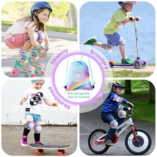 Vista 7 de SULIFEEL Rodilleras de arcoíris y unicornio para niños, coderas, muñequeras con bolsa de cordón, juego de equipo de protección ajustable para niñas
