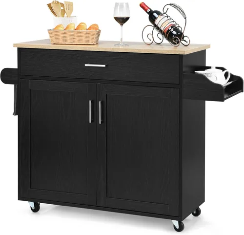 Vista 22 de PETSITE Carrito de isla de cocina con armario de almacenamiento sobre ruedas, estante de especias y cajón (blanco)
