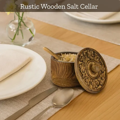 Vista 6 de Mie Creations Salero Rústico con Tapa Tallada a Mano y Cuchara, Cuencos de Madera para Pellizcar Sal Recipiente de Madera para Sal y Pimienta