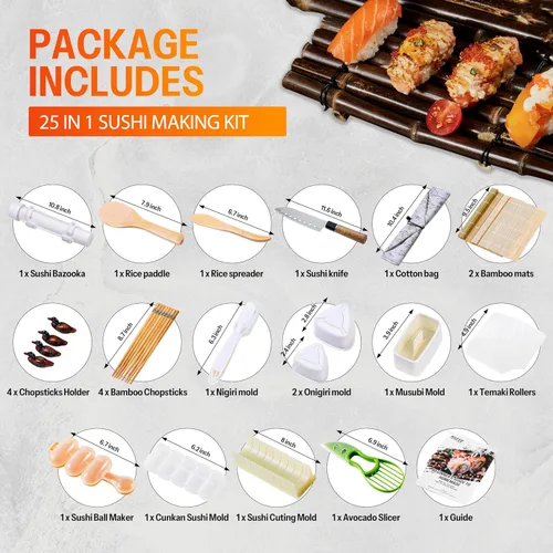 Vista 2 de ISSEVE Kit para Hacer Sushi, 25 en 1 Fabricador Bazooka de Sushi con Moldes de Sushi, Estera de Bambú, Palillos de Bambú, Cuchillo de Sushi, Molde