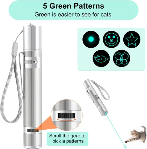 Vista 4 de TBTeek Juguete para gatos, luz verde única, modos 7 en 1, 5 patrones divertidos, carga USB, juguete interactivo para gatito perro ejercicio (1 pieza)