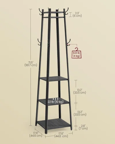 Vista 6 de VASAGLE Perchero con 3 estantes, árbol de pasillo independiente con ganchos para bufandas, bolsos, paraguas, marco de acero, estilo industrial