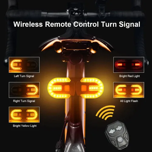Vista 4 de JINKEY Señales de giro para bicicleta, luces de giro brillantes para bicicleta, parte delantera y trasera, IPX5, impermeable, control remoto, luz