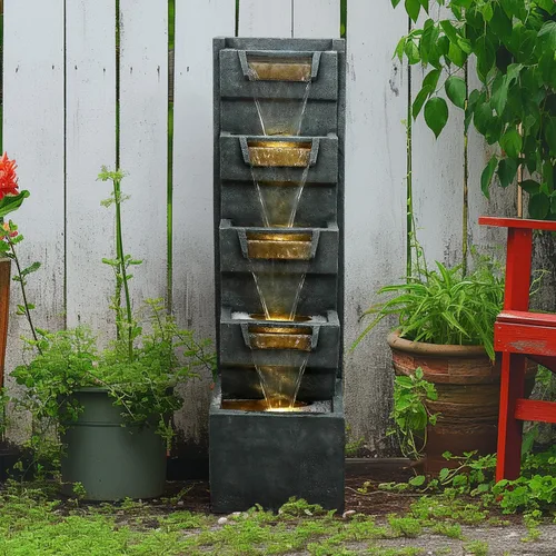 Vista 3 de SunJet - Fuentes modernas de cascada de 4 niveles para interior/exterior con luces LED - Fuente de agua grande de 39.3" de alto para decoración