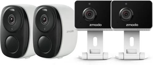 Zmodo 4 cámaras de seguridad - Mini Pro para interiores + cámara inalámbrica para batería para exteriores/interiores - visión nocturna, detección de