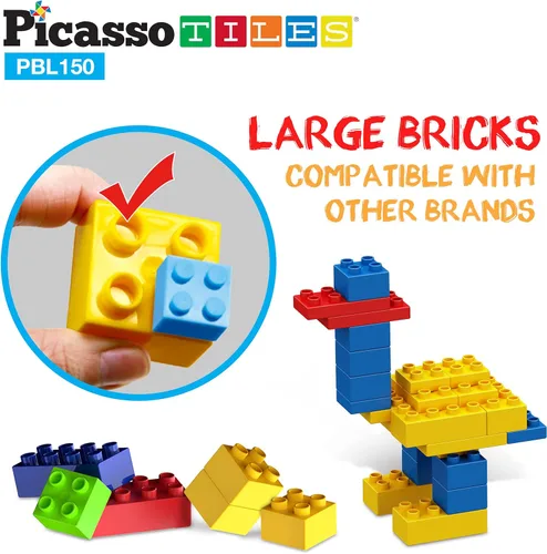 Vista 5 de PicassoTiles Juego de 150 piezas de bloques de construcción de ladrillos de construcción grandes, juego de ladrillos STEM, juego de aprendizaje
