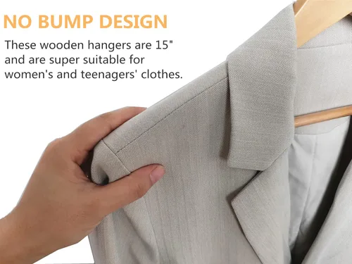 Vista 4 de Amber Home Paquete de 20 perchas de madera natural de 15 pulgadas para mujeres, adolescentes, perchas para camisas, chaquetas, perchas de madera