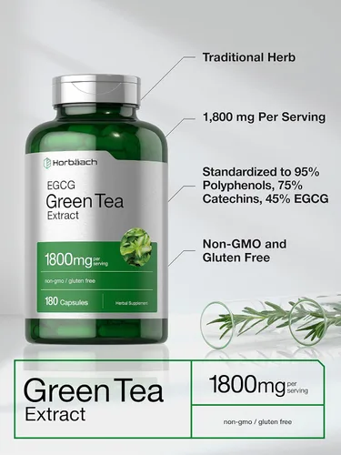 Vista 3 de Horbäach EGCG - Pastillas de extracto de té verde 180 cápsulas Potencia máxima Suplemento sin OMG y sin gluten