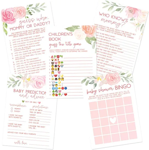 Printed Party Juegos de baby shower para niñas: 5 juegos y actividades, tema floral Baby in Bloom, 50 invitados