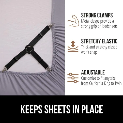 Vista 4 de GORILLA GRIP Sujetadores de Sábanas Patente Pendiente, Sujetadores Elásticos Ajustables con Clips de Metal, Correas de Ropa de Cama Ajustada que