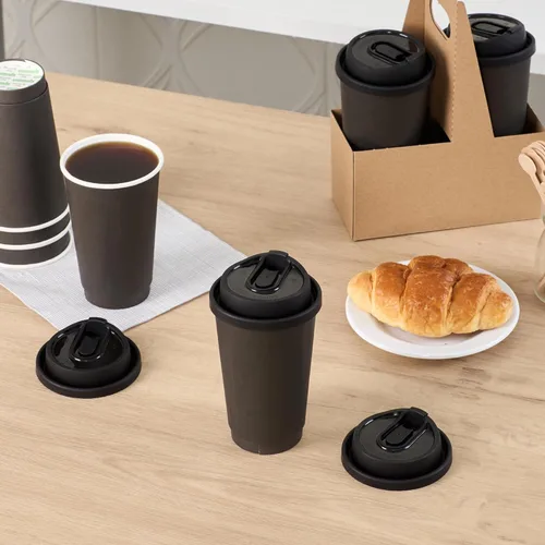 Vista 4 de Restaurantware Solo tapas: tapas Restpresso para tazas de café de papel de 8, 12, 16 y 20 onzas, 25 tapas de papel desechables con tapón Negro