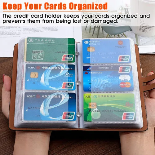 Vista 3 de Soporte para tarjetas de crédito RFID, organizador de tarjetas de visita de cuero con 96 ranuras para tarjetas, protector de tarjetas de crédito