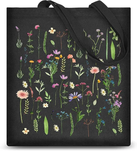 Vista 12 de AUSVKAI Bolsa de lona estética para mujer, lindas bolsas de algodón reutilizables de tela para compras, playa, comestibles, Libro de flores de gato
