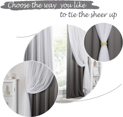 Vista 5 de PONY DANCE Cortinas para Sala de Estar - Cortinas Opacas Gris Degradado con Superposición de Gasa Blanca Térmicamente Aisladas Mezcla y Combina