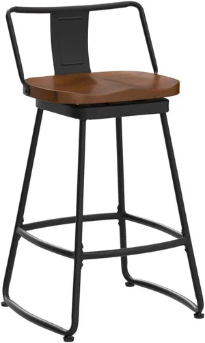 Vista 5 de Yongqiang Taburetes de bar giratorios de 24 pulgadas con respaldo, juego de 2 sillas de bar de metal con asiento de madera, taburetes de bar Negro