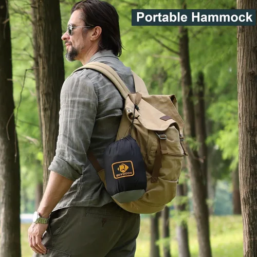Vista 6 de Hamaca de camping con red, hamaca doble portátil ligera con correas para árbol y mosquetones sólidos en forma de D, hamaca de nailon de paracaídas