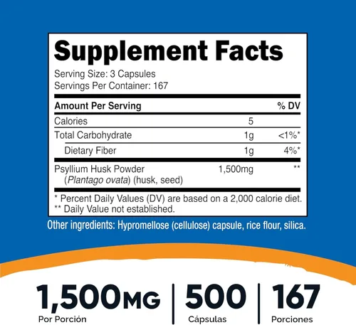 Vista 2 de Nutricost Cáscara de psyllium 1500 mg por porción, 500 cápsulas, sin OMG y sin gluten