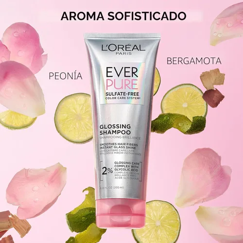 Vista 5 de L'Oréal Paris Champú sin sulfato con brillo y ácido glicólico EverPure, cuidado del cabello para brillo duradero y suavidad para cabello opaco