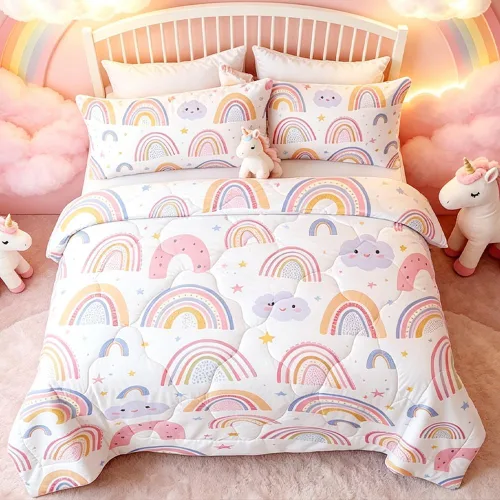 BEDMUST Juego de edredón arcoíris para niños, 3 piezas, ropa de cama colorida de tamaño individual para niñas, ligero, suave, rosa, amarillo, arco