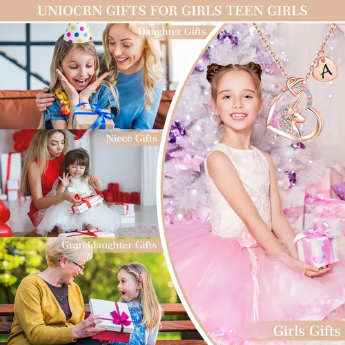 Vista 4 de Hidepoo Collar de unicornio para niñas Collar de unicornio chapado en oro de 14 quilates, oro rosa, oro blanco, circonita cúbica, collar